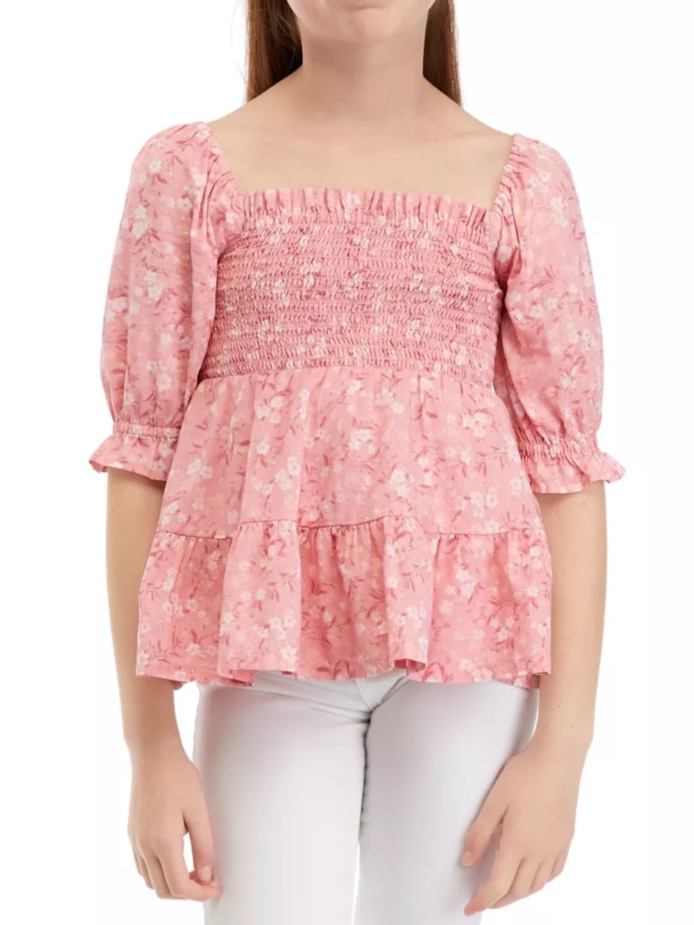 Crown & Ivy Girls Pink Floral Smocked Peplum Puff Sleeve Top Sz 5